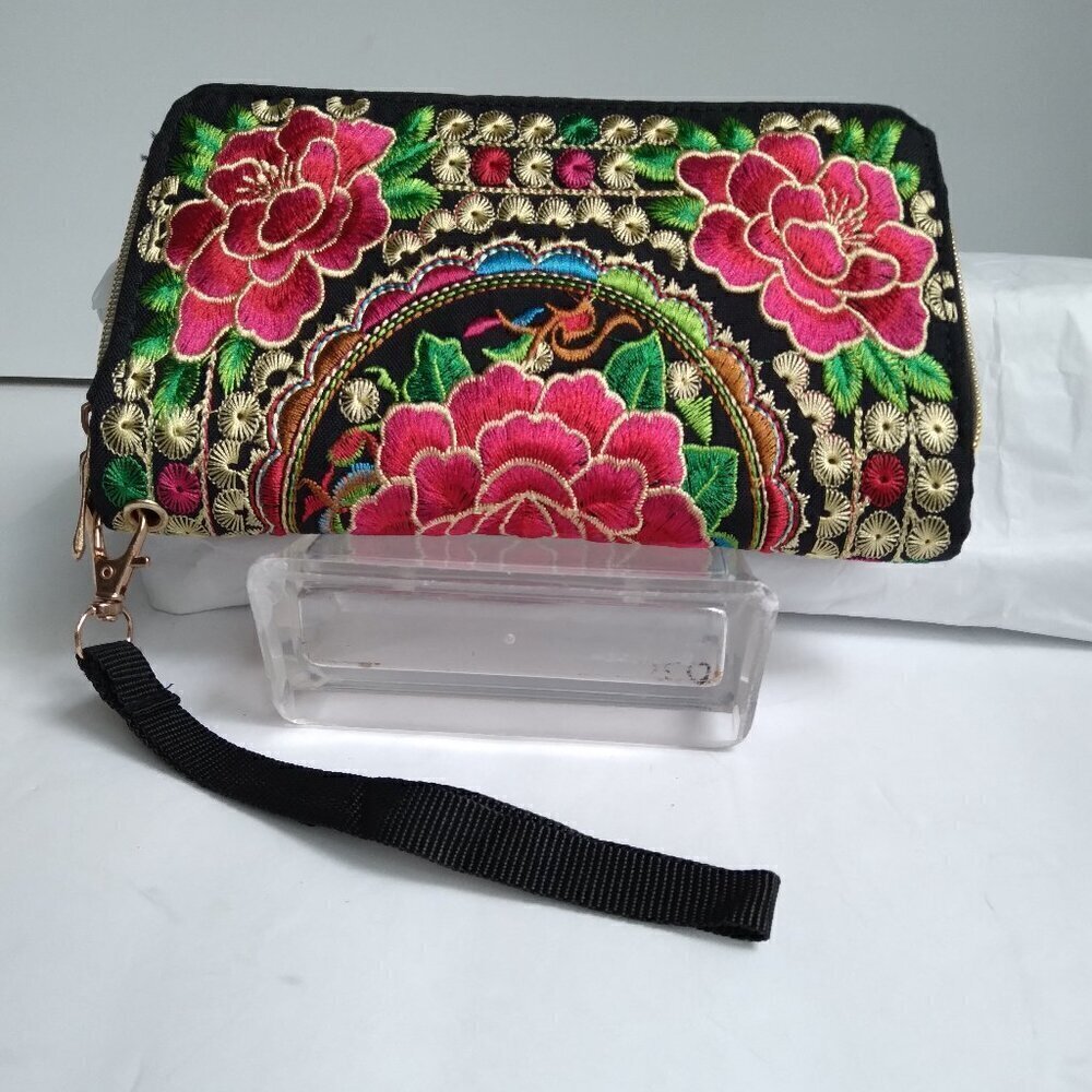 Black Embroidered Red Peonies Purse/Clutch/Wristlet  Roomy, Pretty, Practical